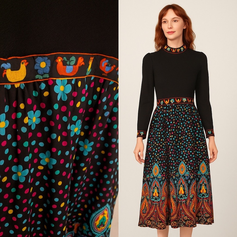 Melissa Lane Black Floral Rooster Folk Art Midi Dress Size 8 Chic 90s Boho Party